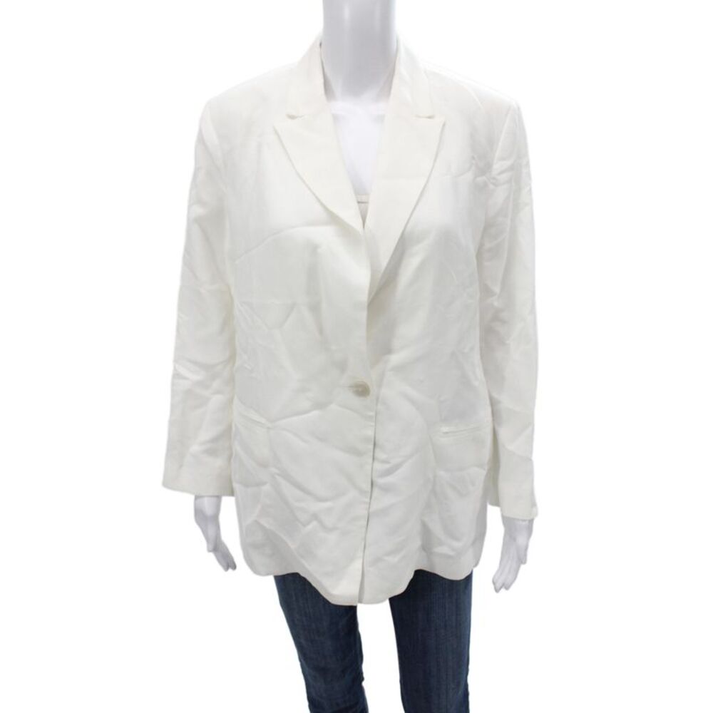 Antonelli Womens White Linen Collared Button Blazer Long Sleeve Size 12